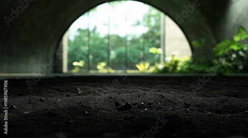 Soil dirt ground in daylight green house, Background for Product Display or Advertisement.