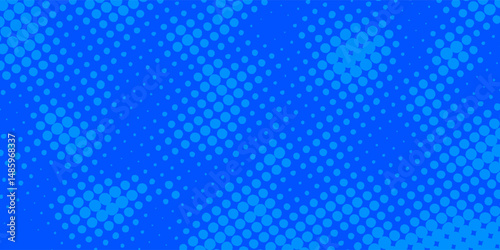 Retro comic gradient background. blue halftone pattern. Bright blue pixelated dotted texture overlay. Cartoon pop art faded gradient pattern
