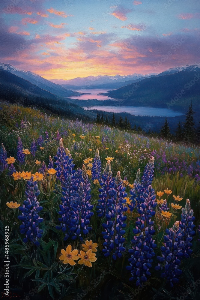Obraz premium Colorful wildflower meadow with purple and yellow flowers overlooking a misty river valley framed by forested mountains at sunrise under a vibrant cloudy sky
