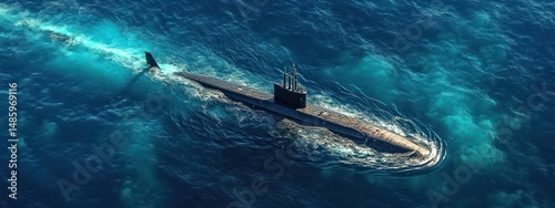 A submarine cruising underwater in deep blue ocean waters creating a visible wake on the surface under bright sunlight