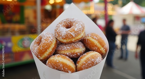 A paper cone filled with donuts covered in powdered sugar at a carnival fair