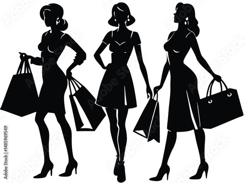 Female Silhouettes Shopping with Handbags Vector