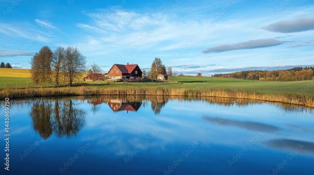 Obraz premium Tranquil rural landscape reflecting a red farmhouse on a still pond