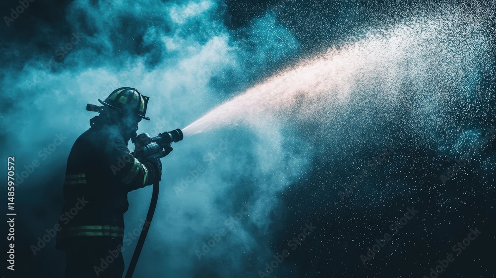 Brave firefighter in action extinguishing flames with powerful hose while surrounded by smoke, showcasing courage and commitment to safety and life protection Brave firefighter in action extinguishing flames with powerful hose while surrounded by smoke, showcasing courage and commitment to safety and life protection
