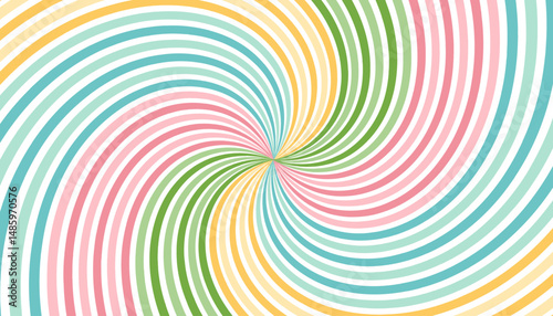 Colorful spiral background. Sun, candy and rainbow swirl pattern, vintage poster vibes. Funky ray elements, circle motifs, reminiscent of circus themes.