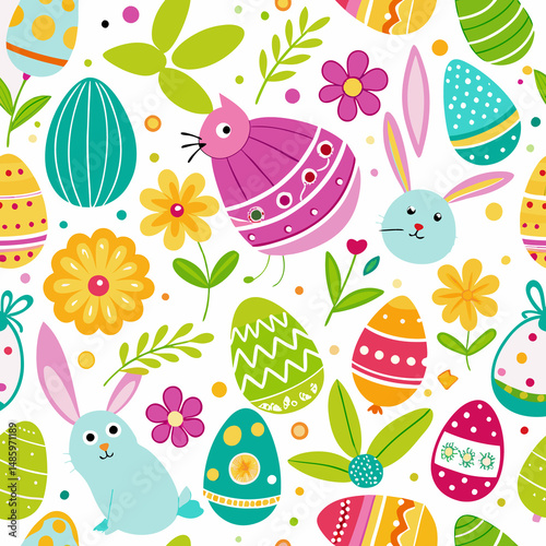 Whimsical Easter pattern with colorful eggs, bunnies, flowers, and cats