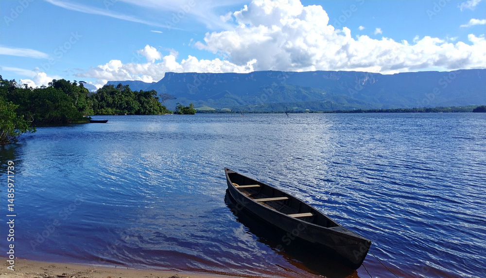 Fototapeta premium The serene Canaima Lagoon with curving canoes and tepui mountains in the background