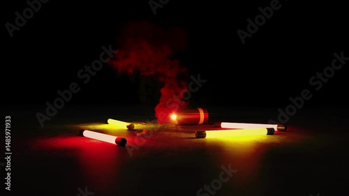 A red smoke flare burns on the ground beside glowing light sticks in a dark scene as smoke rises upward, 3D animation