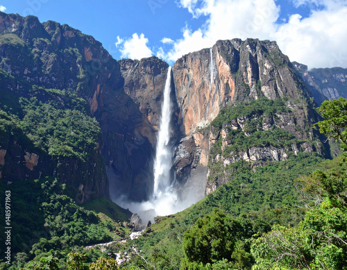 The majestic Angel Falls cascading down a towering tepuy, highlighting the breathtaking natural beauty of the Venezuelan landscape.