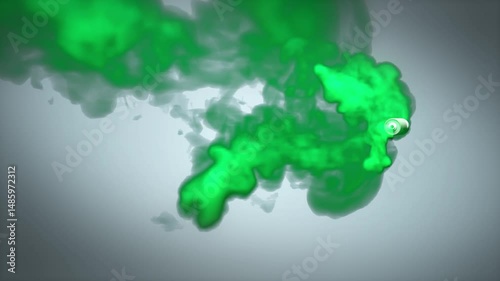 Smoke grenade swirling green smoke across a light background in abstract 3D animation
