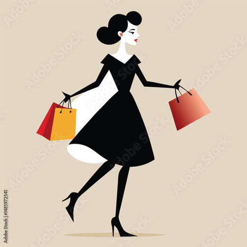 Elegant Shopping Woman in Black Silhouette Style