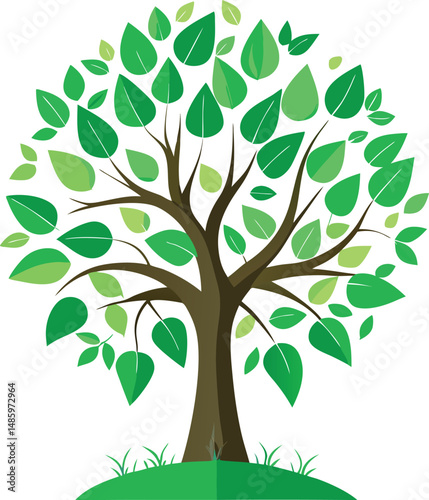A vibrant vector illustration depicts a tree with green leaves, a symbol of nature's spring and summer life