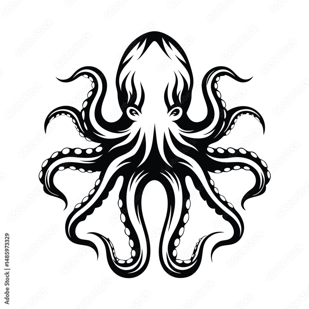 Naklejka premium Monochrome Octopus with Curly Tentacles on White Backdrop, Marine Creature Design