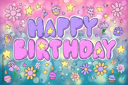 Happy birthday greeting card with colorful decorations and bokeh effect