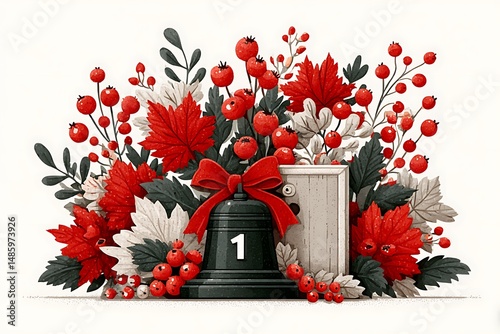 Christmas bell with red bow, number one and festive decoration celebrating holiday season