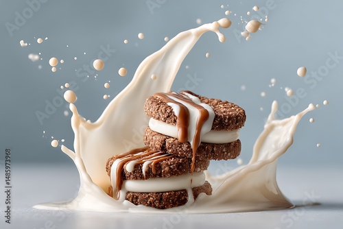 Chocolate cookies with caramel and cream filling splashing into milk