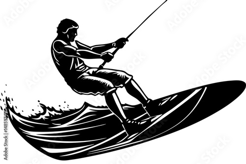 Kitesurfer silhouette carving a turn angle on board on white background, kitesurfer, kitesurfing, silhouette, vector, sport, water sport, kite, board, carving, turn, action, wind, extreme sport