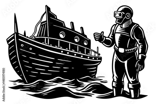 Scuba diver exploring shipwreck silhouette on white background with transparency, silhouette, scuba diver, shipwreck, diving, wreck, side profile, nautical, ocean, sea, vector, illustration