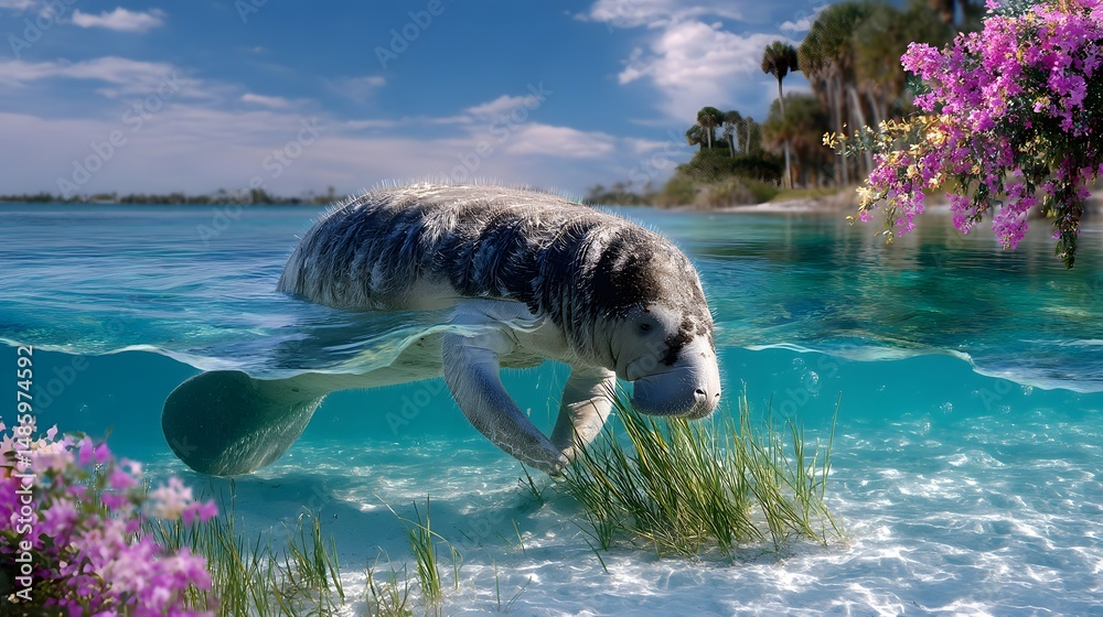 Obraz premium Gentle Manatee Swimming Among Vibrant Water Plants and Colorful Flowers Under Clear Sky