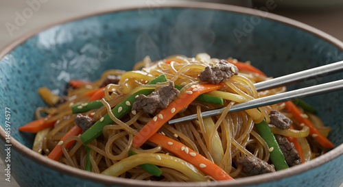 Close up of japchae in a blue bowl being lifted with metal chopsticks shown