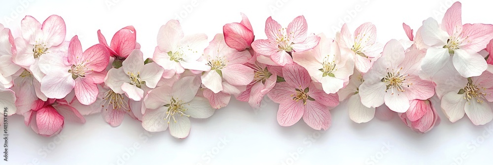 Fototapeta premium Delicate pink and white blossoms in a horizontal arrangement against a white background