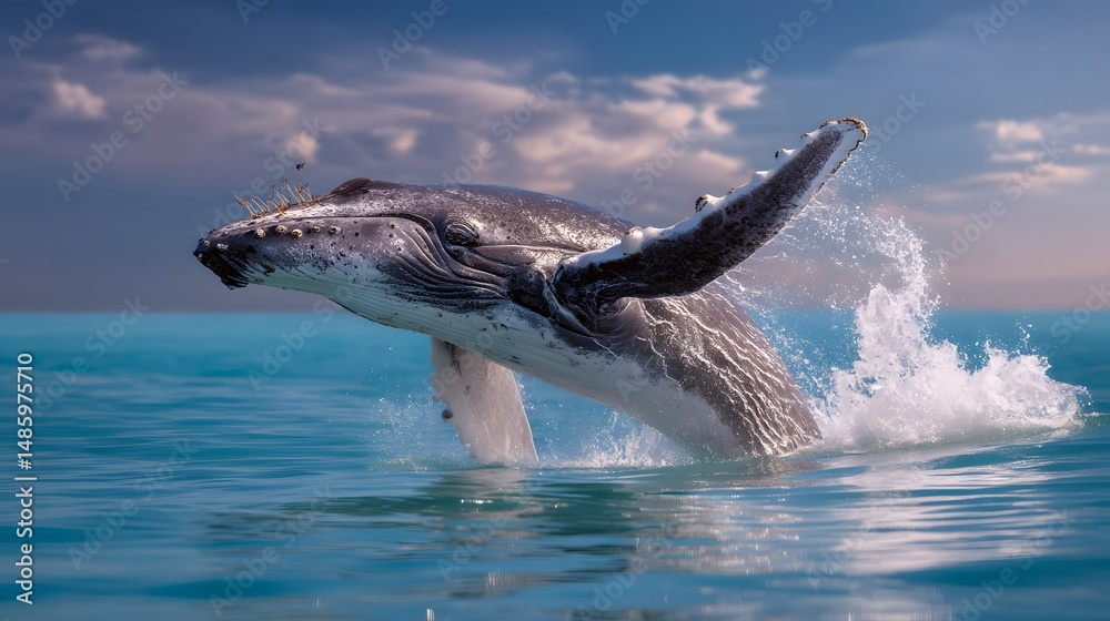 Obraz premium Majestic Humpback Whale Breaching in Tranquil Ocean Waters Under Bright Sky
