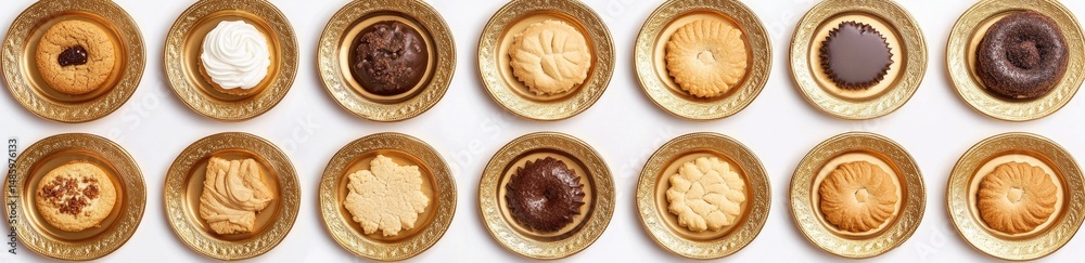 Variety of round cookies and pastries on gold plates Variety of round cookies and pastries on gold plates