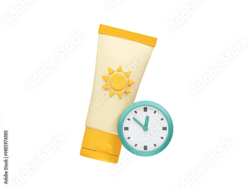 Sunscreen tube with a clock icon illustration 3d