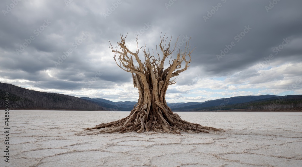Lonely, withered tree on a cracked, white salt flat Lonely, withered tree on a cracked, white salt flat