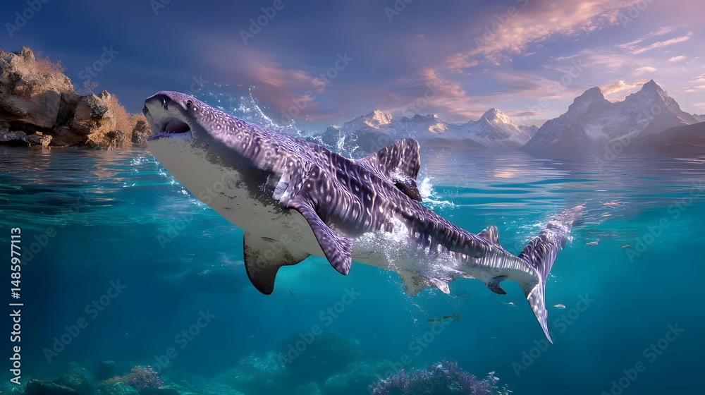 Obraz premium Majestic Shark Breaching the Surface with Stunning Mountains and Serene Waters in Background