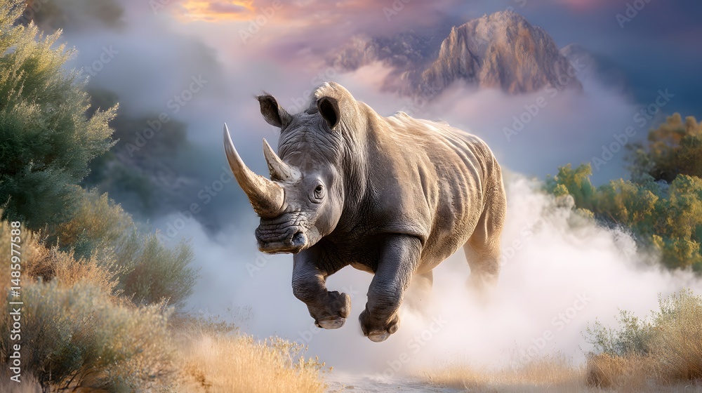 Fototapeta premium Powerful Rhinoceros in Motion Amidst a Dramatic Landscape with Mist and Mountains