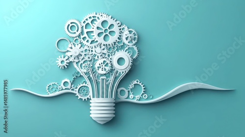 Conceptual illustration of a light bulb made from interconnected white gears and cogs symbolizing creativity and mechanical innovation on a teal background