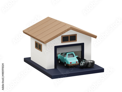 Car Garage 3d icon illustration rendering. Home garage with tire icon illustration render