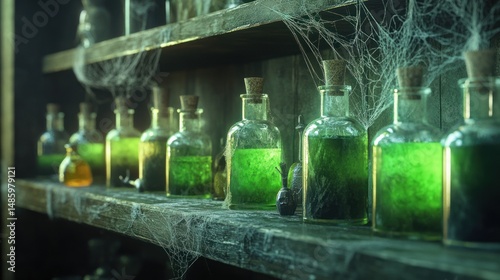 Green bottles displayed on a shelf