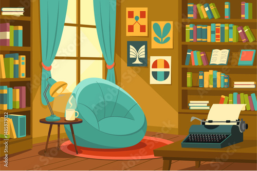 A cartoonish library room with a chair, a lamp, and a typewriter. The room is filled with bookshelves and a window