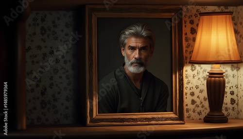 Portrait of a gray-haired man in a frame, standing on a wooden shelf, a lamp is burning, soft lighting, cozy atmosphere, without text on the image.
