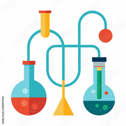 Science chemistry experiment, consisting of flasks and hoses icon on white background.