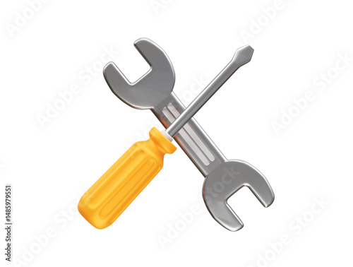 Screwdriver and wrench crossed, tools 3d icon illustration render