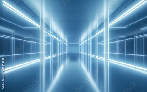 A futuristic corridor with blue neon lights