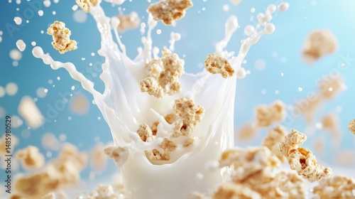 Dynamic Explosion of Milk and Snack Food Creating an Eye-Catching Splash Against a Soft Blue Background, Capturing Motion and Energy in a Delicious Scene