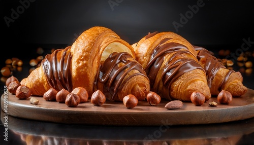 Wooden board of sweet croissants with chocolate spread and hazelnuts on black background dessert