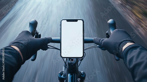 A plain white mock up smartphone screen in a phone holder placed in the middle on bicycle handle bars