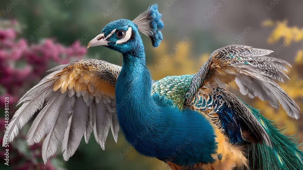 Obraz premium Vibrant Peacock Displaying Colorful Feathers in Nature Surrounded by Blurred Floral Background