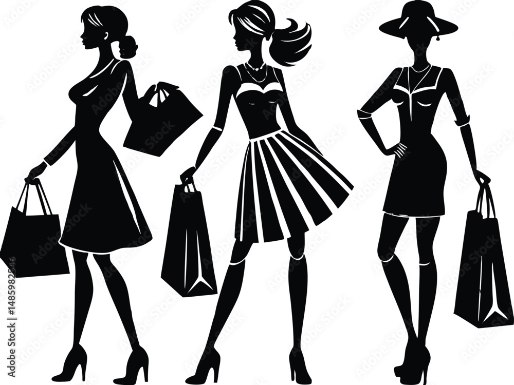 Vector Art of Shopping Ladies in Silhouette Style Vector Art of Shopping Ladies in Silhouette Style