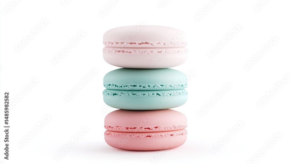 Fototapeta premium Three pastel macarons stacked vertically against white background