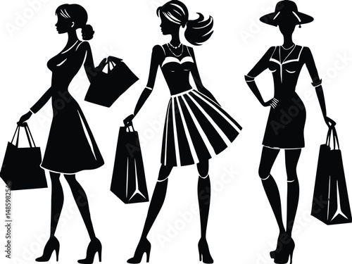 Vector Art of Shopping Ladies in Silhouette Style