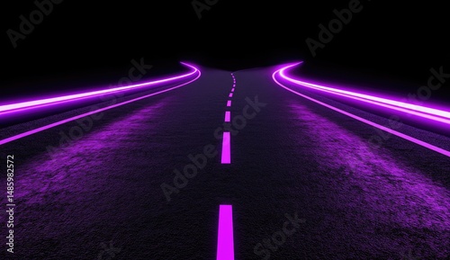 Two diverging roads with vibrant purple neon lines, leading into darkness