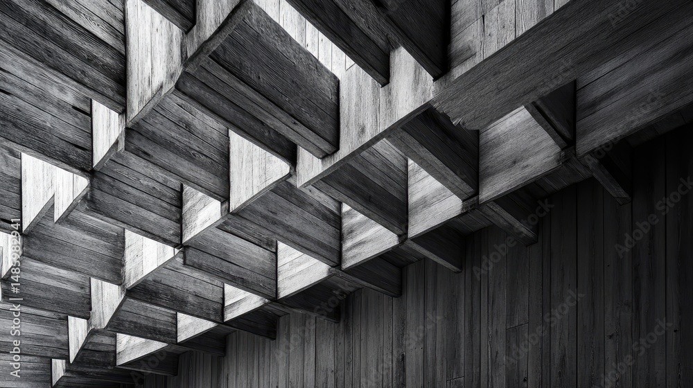 Fototapeta premium Abstract black and white image of geometric wooden ceiling structure.