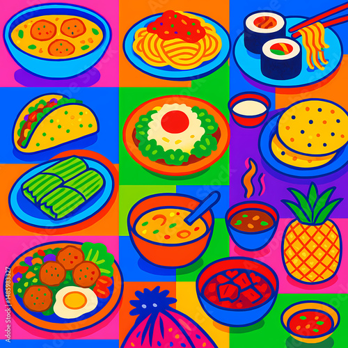 Bright pop-color collage of cultural food dishes from around the world