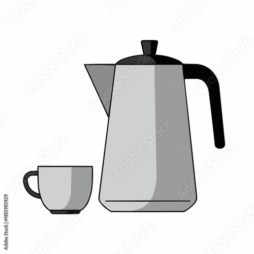 Stylized, graphic illustration of a stovetop espresso maker, gray, black, and white